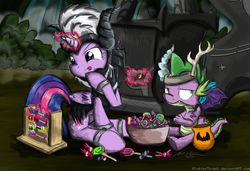 Size: 1202x820 | Tagged: safe, artist:flutterthrash, discord, lord tirek, spike, twilight sparkle, alicorn, pony, g4, abacus, candy, clothes, costume, duo, female, mare, nightmare night, twilight sparkle (alicorn)