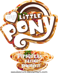 Size: 1515x1925 | Tagged: safe, artist:sasukex125, edit, pipsqueak, g4, food, logo, logo edit, logo parody, pasta, pipsqueak eating spaghetti, spaghetti, spaghetti scene