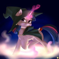 Size: 2400x2400 | Tagged: safe, artist:captainpudgemuffin, twilight sparkle, alicorn, pony, g4, cape, clothes, costume, female, glowing horn, hat, high res, horn, magic, mare, raised hoof, solo, tail wrap, twilight sparkle (alicorn)