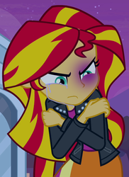 Size: 523x720 | Tagged: safe, edit, sunset shimmer, human, equestria girls, g4, my little pony equestria girls, abuse, abuse edit, black eye, crying, domestic abuse, edgy, eqg abuse edits, female, op is a duck, sad, shimmerbuse, solo