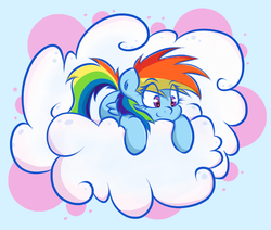 Size: 666x566 | Tagged: safe, artist:graphene, rainbow dash, pegasus, pony, g4, cloud, cute, dashabetes, eye clipping through hair, female, filly, filly rainbow dash, on a cloud, prone, solo, younger