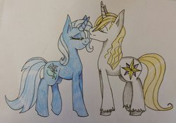 Size: 1024x718 | Tagged: safe, artist:bleedingwings12, prince blueblood, trixie, pony, unicorn, g4, female, male, mare, ship:bluetrix, shipping, smiling, straight, traditional art