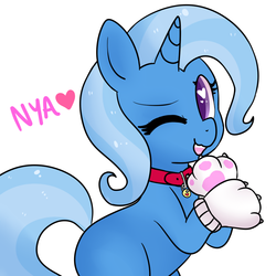 Size: 900x900 | Tagged: safe, artist:pegacornss, trixie, cat, pony, unicorn, g4, blank flank, clothes, collar, colored pupils, costume, cute, diatrixes, female, gloves, halloween, heart eyes, mare, nightmare night costume, solo, wingding eyes