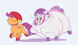 Size: 2668x1554 | Tagged: source needed, useless source url, safe, artist:mellowhen, scootaloo, sweetie belle, pegasus, pony, unicorn, g4, blushing, chubby cheeks, duo, duo female, fat, female, filly, larger female, morbidly obese, obese, out of shape, roller skates, simple background, size difference, smaller female, sweat, sweetie belly, white background