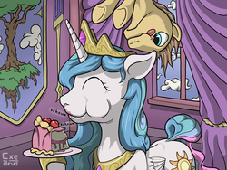 Size: 2048x1536 | Tagged: safe, artist:exedrus, princess celestia, g4, :p, cake, cakelestia, chewing, crown, eating, eyes closed, happy, indoors, puffy cheeks, regalia, smiling, stealing, tongue out, underhoof, upside down