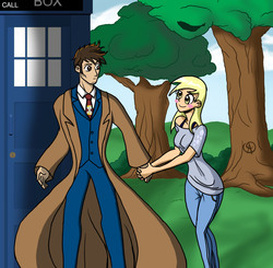 Size: 1736x1700 | Tagged: safe, artist:chillguydraws, derpy hooves, human, g4, blazer, blouse, clothes, david tennant, denim, doctor who, humanized, jeans, necktie, overcoat, pants, shirt, sideburns, tardis, tenth doctor, the doctor