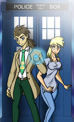 Size: 1028x1686 | Tagged: safe, artist:chillguydraws, derpy hooves, doctor whooves, time turner, human, g4, doctor who, humanized, sonic screwdriver, tardis, the doctor