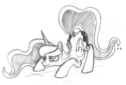 Size: 3015x2049 | Tagged: safe, artist:uminanimu, princess luna, lunadoodle, g4, both cutie marks, female, grayscale, high res, monochrome, solo, traditional art