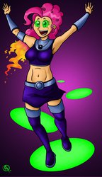 Size: 677x1179 | Tagged: safe, artist:chillguydraws, pinkie pie, human, g4, belly button, boots, clothes, cosplay, crossover, female, glowing eyes, humanized, microskirt, midriff, miniskirt, shoes, skirt, solo, sports bra, starfire, teen titans, thigh boots, zettai ryouiki