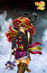 Size: 1030x1600 | Tagged: safe, artist:mauroz, sunset shimmer, trixie, twilight sparkle, human, equestria girls, g4, belts, clothes, fake horn, female, humanized, my little pony logo, solo, voodoo doll