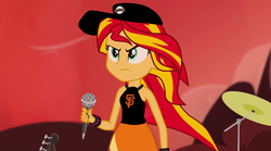 Size: 1280x714 | Tagged: safe, sunset shimmer, equestria girls, g4, my little pony equestria girls: rainbow rocks, baseball, meme, microphone, mlb, san francisco giants, sunset's shirt meme, world series