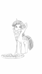 Size: 720x1280 | Tagged: safe, artist:trickydick, twilight sparkle, alicorn, pony, g4, adorkable, black and white, cute, dork, female, grayscale, mare, mouth hold, pizza, sketch, solo, twiabetes, twilight sparkle (alicorn)