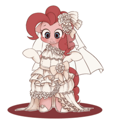 Size: 562x616 | Tagged: dead source, safe, artist:うめぐる, pinkie pie, earth pony, semi-anthro, g4, animated, arm hooves, beautiful, bipedal, blushing, bride, clothes, cute, diapinkes, dress, female, floppy ears, smiling, solo, wavy mouth, wedding dress