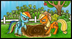 Size: 849x465 | Tagged: safe, artist:demented-day-dreams, applejack, rainbow dash, g4, apple, mud, tree