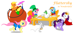 Size: 1200x546 | Tagged: safe, artist:montecreations, angel bunny, applejack, fluttershy, gummy, pinkie pie, rainbow dash, rarity, twilight sparkle, caterpillar, g4, alice, alice in wonderland, bowtie, cake, chair, chase, cheshire cat, clothes, costume, crossover, crown, cup, dormouse, dress, eyes closed, fanmake, fruit, hat, hookah, mad hatter, mane six, march hare, queen of hearts, running, sitting, table, tea, tea party, teacup, teapot, top hat, watch, white rabbit