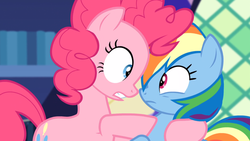 Size: 1366x768 | Tagged: safe, screencap, pinkie pie, rainbow dash, equestria girls, g4, my little pony equestria girls: rainbow rocks, book, boop, eye contact, female, frown, gritted teeth, holding, looking at each other, noseboop, poking, raised hoof, wide eyes