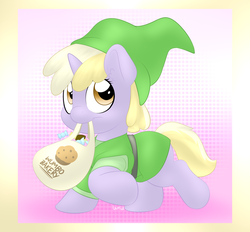 Size: 1400x1300 | Tagged: safe, artist:lamia, dinky hooves, g4, bag, candy, clothes, costume, cute, dinkabetes, female, foal, link, mouth hold, solo, the legend of zelda