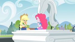 Size: 1366x768 | Tagged: safe, screencap, applejack, pinkie pie, equestria girls, g4, my little pony equestria girls: rainbow rocks, balloon, bracelet, card, jewelry, mountain, sitting, statue, tree