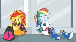 Size: 1366x768 | Tagged: safe, screencap, rainbow dash, sunset shimmer, equestria girls, g4, my little pony equestria girls: rainbow rocks, book, female, football, frown, journey book, looking down, looking up, sitting, upset