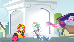 Size: 1366x768 | Tagged: safe, screencap, rainbow dash, sunset shimmer, twilight sparkle, equestria girls, g4, my little pony equestria girls: rainbow rocks, book, exploitable meme, female, flying, football, frightened, gasp, journey book, looking at each other, meme, scared, twilight sparkle (alicorn), twiscream