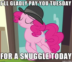 Size: 470x405 | Tagged: safe, edit, edited screencap, screencap, pinkie pie, earth pony, pony, g4, mmmystery on the friendship express, season 2, bowler hat, hat, image macro, imma snuggle you, meme, popeye, snuggling, wimpy