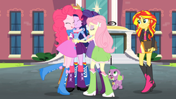 Size: 1366x768 | Tagged: safe, screencap, applejack, fluttershy, pinkie pie, rainbow dash, rarity, spike, sunset shimmer, twilight sparkle, dog, equestria girls, g4, my little pony equestria girls: rainbow rocks, balloon, book, boots, bowtie, bracelet, canterlot high, clothes, cowboy boots, door, doors, eyes closed, group hug, high heel boots, hug, humane six, jacket, jewelry, journey book, leather jacket, looking up, mane seven, mane six, raised leg, shoes, skirt, socks, spike the dog, stairs, twilight sparkle (alicorn)