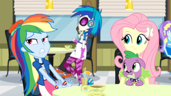 Size: 1366x768 | Tagged: safe, screencap, aqua blossom, dj pon-3, drama letter, fluttershy, rainbow dash, sophisticata, spike, vinyl scratch, watermelody, dog, equestria girls, g4, my little pony equestria girls: rainbow rocks, background human, coffee, cup, drink, gritted teeth, headphones, looking up, sitting, spike the dog, spike's dog collar, walking