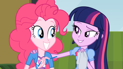 Size: 1366x768 | Tagged: safe, screencap, pinkie pie, twilight sparkle, equestria girls, g4, rainbow rocks, couch, eyebrows, grin, holding, looking at each other, napkin, sitting, smiling, squee, straw, touch, twilight sparkle (alicorn)