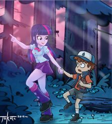 Size: 761x847 | Tagged: safe, artist:tokatl, twilight sparkle, equestria girls, g4, rainbow rocks, age difference, book, boyfriend and girlfriend, clothes, crossover, crossover shipping, diplight, dipper pines, female, forest, gravity falls, having a moment, holding hands, journal #3, male, public display of affection, running, shipping, skirt, straight