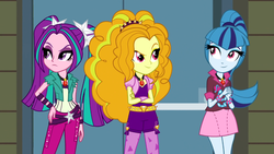 Size: 1366x768 | Tagged: safe, screencap, adagio dazzle, aria blaze, sonata dusk, equestria girls, g4, my little pony equestria girls: rainbow rocks, crossed arms, door, doors, frown, looking away, looking up, smiling, the dazzlings