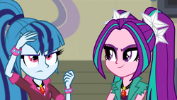 Size: 1366x768 | Tagged: safe, screencap, aria blaze, sonata dusk, equestria girls, g4, my little pony equestria girls: rainbow rocks, eyebrows, frown, looking up, smiling, victory smile