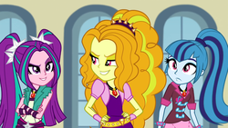 Size: 1366x768 | Tagged: safe, screencap, adagio dazzle, aria blaze, sonata dusk, equestria girls, g4, my little pony equestria girls: rainbow rocks, confused, crossed arms, eyebrows, gritted teeth, looking at each other, smiling, smirk, the dazzlings