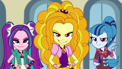 Size: 1366x768 | Tagged: safe, screencap, adagio dazzle, aria blaze, sonata dusk, equestria girls, g4, my little pony equestria girls: rainbow rocks, eyebrows, gritted teeth, hips, lidded eyes, looking at you, smiling, smirk, the dazzlings