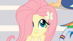 Size: 1366x768 | Tagged: safe, screencap, applejack, fluttershy, rainbow dash, equestria girls, g4, my little pony equestria girls: rainbow rocks, cute, female, hair over one eye, shyabetes, sitting, smiling