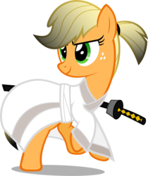 Size: 1742x2074 | Tagged: safe, artist:zacatron94, applejack, earth pony, pony, g4, alternate hairstyle, clothes, costume, female, halloween, halloween costume, holiday, mare, nightmare night, nightmare night costume, pun, samurai, samurai applejack, samurai jack, simple background, smiling, solo, sword, transparent background, two toned mane, visual pun, wholesome