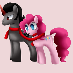 Size: 1100x1100 | Tagged: safe, artist:king-sombrero, king sombra, pinkie pie, earth pony, pony, unicorn, g4, clothes, duo, female, male, mare, scarf, shipping, sombrapie, stallion, straight