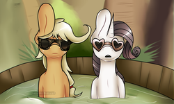 Size: 1280x770 | Tagged: safe, artist:vampdoq, applejack, rarity, g4, duo, glasses, song reference, sunglasses