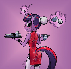 Size: 700x676 | Tagged: safe, artist:horlod, twilight sparkle, anthro, g4, alternate hairstyle, cheongsam, clothes, female, magic, odango, solo, telekinesis, waitress