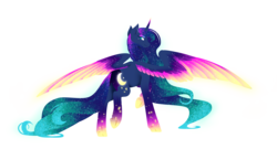 Size: 6000x3237 | Tagged: safe, artist:fuyusfox, princess luna, g4, absurd resolution, ethereal mane, female, galaxy mane, looking back, rainbow power, rainbow power-ified, simple background, solo, transparent background