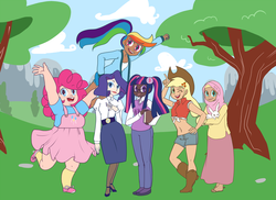 Size: 1500x1090 | Tagged: safe, artist:jun-k-tastic, angel bunny, applejack, fluttershy, pinkie pie, rainbow dash, rarity, twilight sparkle, human, g4, belly button, boots, clothes, dark skin, diversity, front knot midriff, high heels, hijab, humanized, islam, islamashy, long skirt, looking at you, mane six, midriff, ponytail, sandals, shoes, skirt