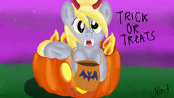 Size: 1280x720 | Tagged: safe, artist:jbond, derpy hooves, pegasus, pony, g4, female, halloween, holiday, mare, open mouth, postcard, signature, solo, text