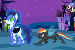 Size: 1024x683 | Tagged: safe, artist:rulette, nightmare moon, rainbow dash, soarin', changeling, g4, clothes, costume, female, male, nightmare night, ship:soarindash, shipping, straight