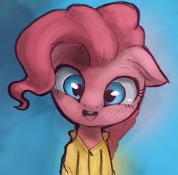 Size: 830x817 | Tagged: safe, artist:rain-gear, pinkie pie, g4, clothes, cute, diapinkes, female, floppy ears, looking at you, open mouth, portrait, raincoat, sketch, smiling, solo