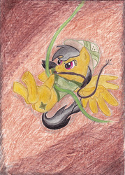 Size: 2359x3303 | Tagged: safe, artist:littlewolfstudios, daring do, g4, commission, cute, female, grin, high res, hoof hold, mouth hold, smirk, solo, swinging, traditional art, underhoof, vine, whip