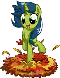 Size: 576x750 | Tagged: safe, artist:habijob, oc, oc only, oc:magical disaster, pony, unicorn, autumn, cute, jumping, leaf pile, ocbetes, solo, stomping