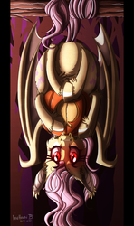 Size: 900x1523 | Tagged: safe, artist:inuhoshi-to-darkpen, fluttershy, g4, female, flutterbat, hanging, pumpkin, solo, upside down