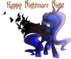 Size: 2313x1913 | Tagged: safe, artist:drawntildawn, princess luna, bat, g4, bat cloak, cape, clothes, female, nightmare night, raised hoof, simple background, solo, transparent background