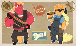 Size: 3932x2400 | Tagged: safe, artist:atryl, artist:kirrol, applejack, big macintosh, earth pony, anthro, unguligrade anthro, g4, crossover, engiejack, engineer, engineer (tf2), heavy mac, heavy weapons guy, high res, sandvich, sandwich, team fortress 2