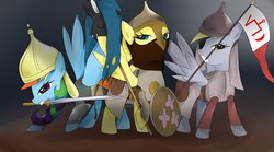 Size: 1800x1000 | Tagged: dead source, safe, artist:poisonicpen, derpy hooves, fluttershy, queen chrysalis, rainbow dash, pegasus, pony, g4, abuse, alternate hairstyle, armor, badass, banner, bashkir, bashkortostan, bow (weapon), braid, brigandine, chainmail, chrysabuse, dead, decapitated, eyepatch, female, flag, flutterbadass, golden horde, head on a pike, helmet, history, implied execution, implied murder, islam, islamashy el fatih, kazakh, kazakhstan, lance, mare, medieval, mongol, mouth hold, punish the villain, russia, russian, severed head, shield, soldier, sword, tatar, tatarstan, turkic, warrior, weapon