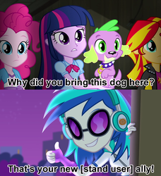 Size: 750x823 | Tagged: safe, edit, screencap, dj pon-3, pinkie pie, spike, sunset shimmer, twilight sparkle, vinyl scratch, dog, equestria girls, g4, my little pony equestria girls: rainbow rocks, crossover, iggy (jjba), jojo's bizarre adventure, screencap comic, spike the dog, twilight sparkle (alicorn)